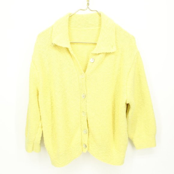 Vintage Sweaters - Vintage Yellow Knit Collared Crop Cardigan